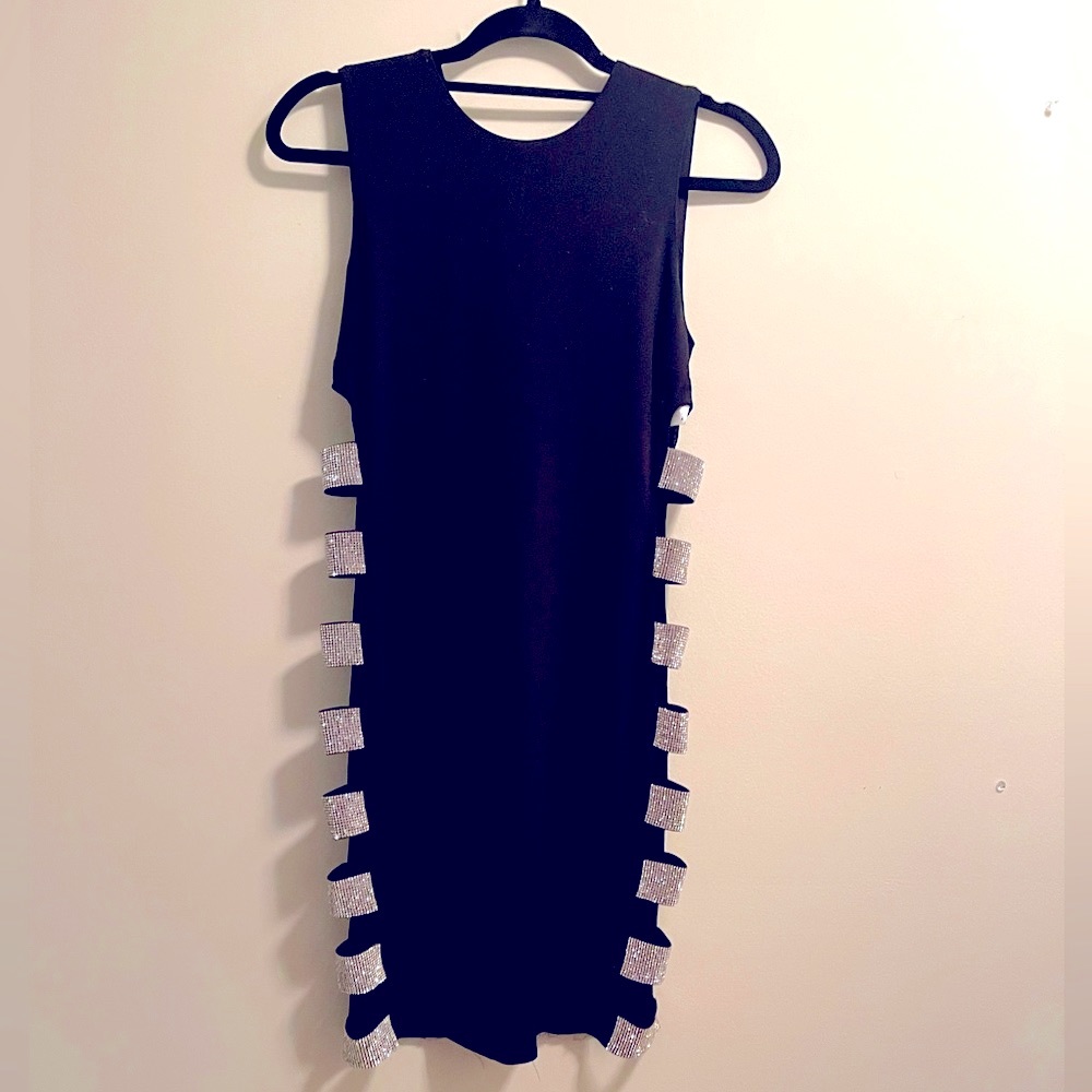 Black party mini dress with rhinestones on the side Fashion Nova